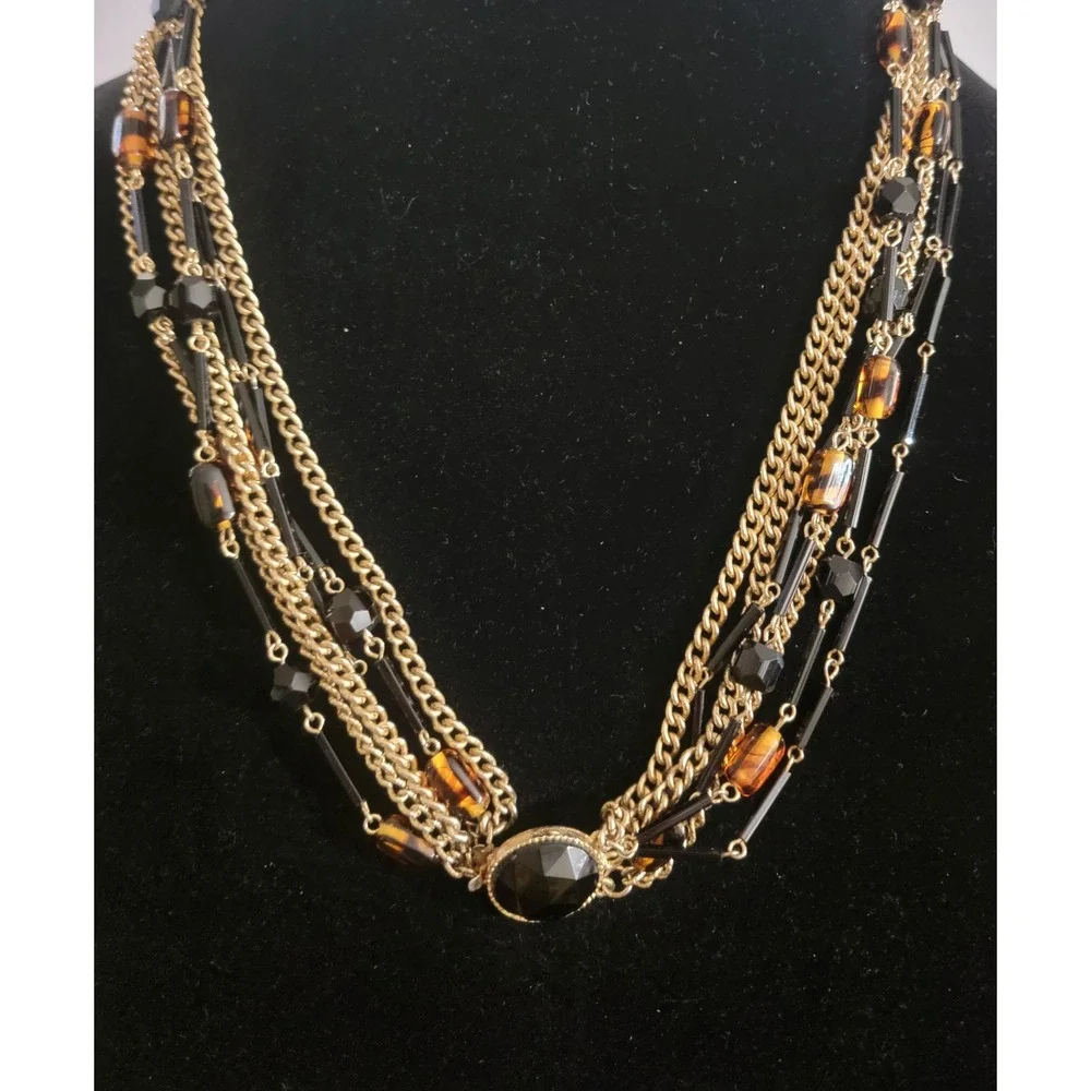 Vintage Multi Strand Gold Tone Beaded Statement Necklace Black Tortoise Shell